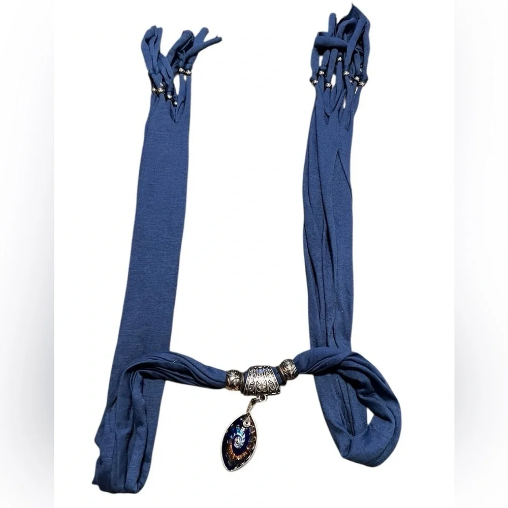 Vintage Boho-Chic Navy Scarf with Teardrop Shaped Pendant